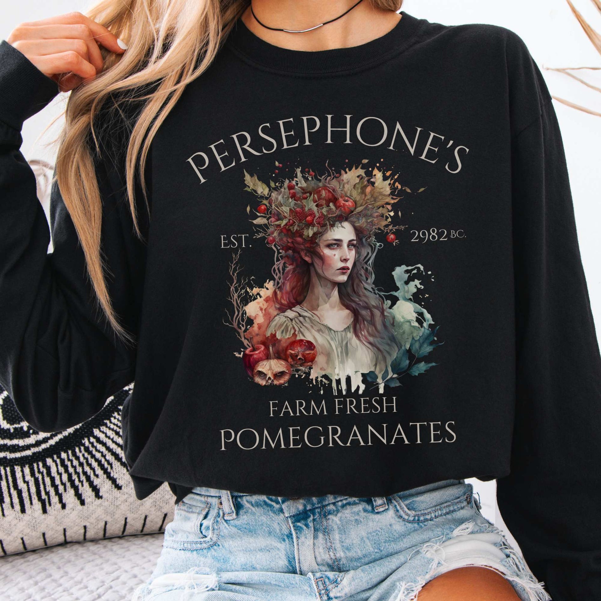 Long-sleeve Black / S Persephone's Farm Fresh Pomegranates Long Sleeve T-Shirt The Mystic Eden