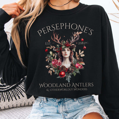 Long-sleeve Black / S Persephone's Woodland Antlers Christmas Long Sleeve Tee The Mystic Eden