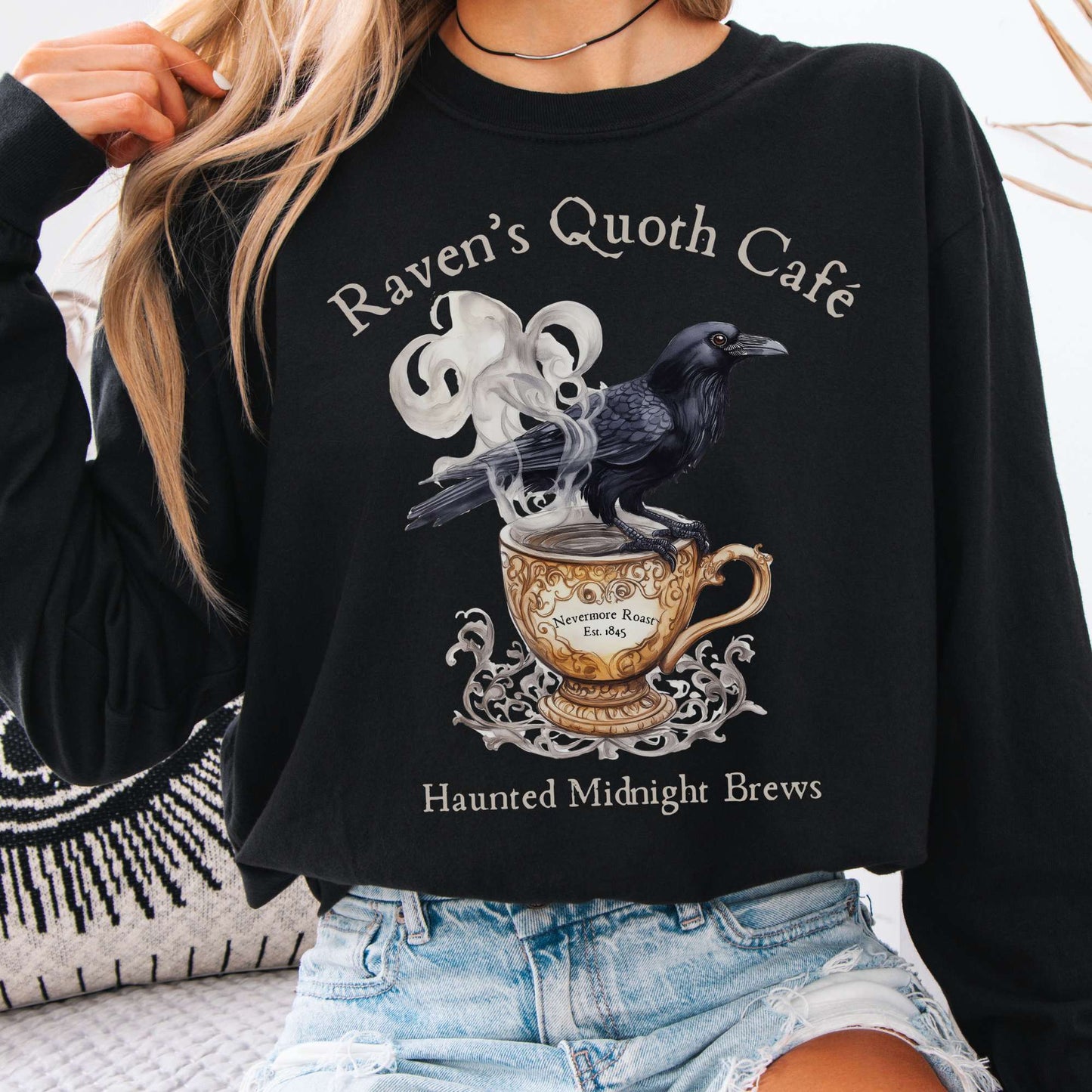 Long-sleeve Black / S Raven's Quoth Cafe Long Sleeved Shirt The Mystic Eden