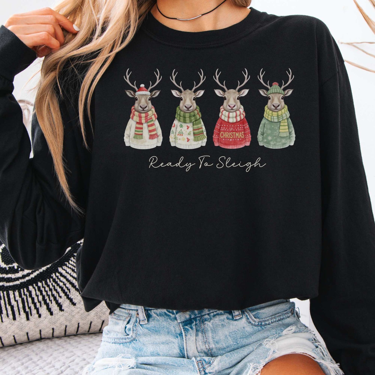 Long-sleeve Black / S Ready to Sleigh — Festive Reindeer Christmas Long Sleeve Shirt The Mystic Eden