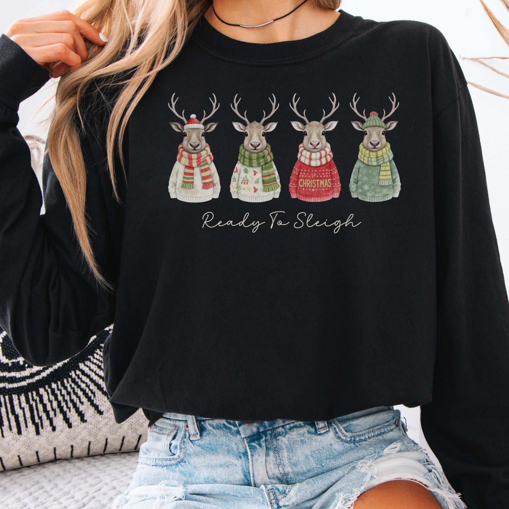 Long-sleeve Black / S Ready to Sleigh — Festive Reindeer Christmas Long Sleeve Shirt The Mystic Eden