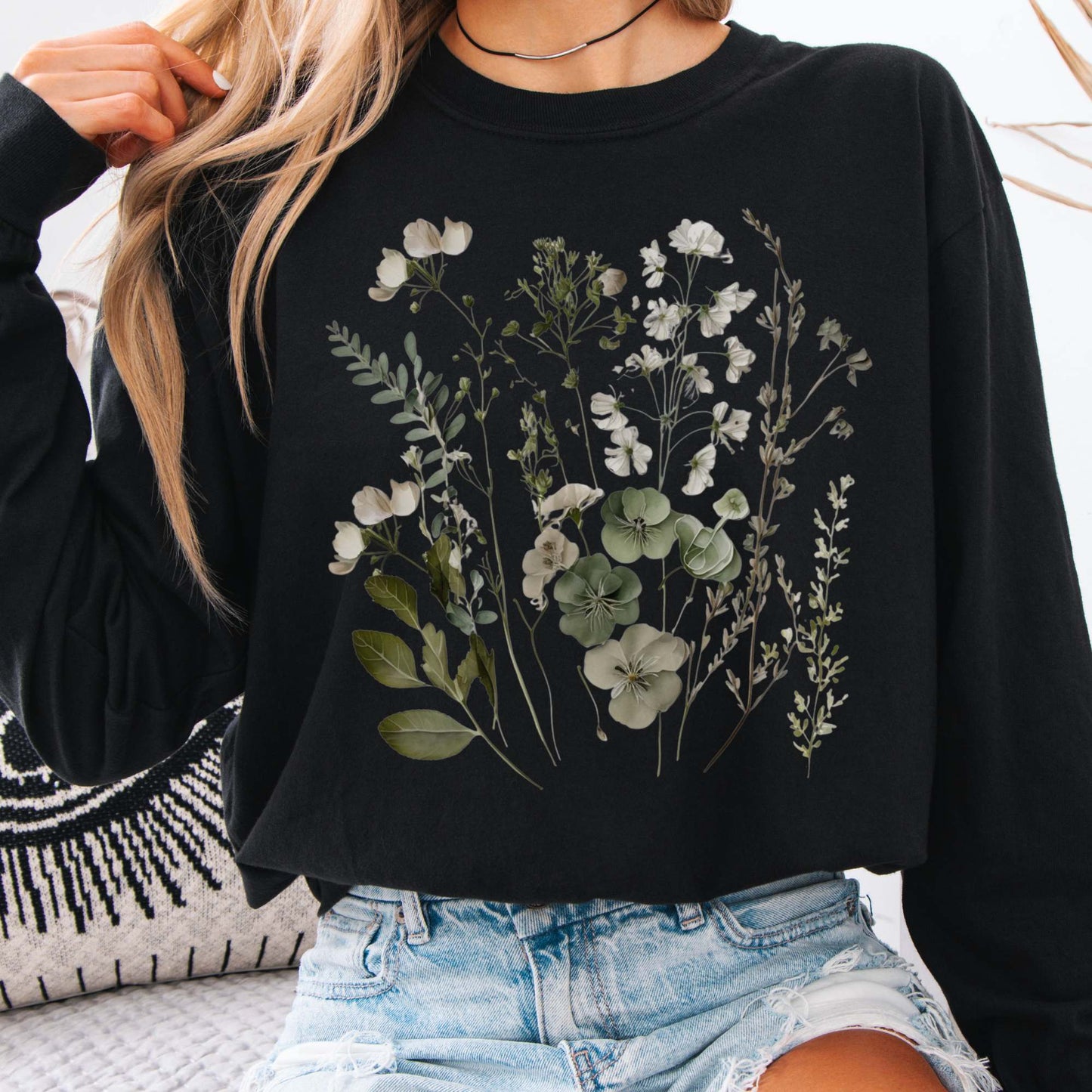 Long-sleeve Black / S Sage and White Wildflower Long Sleeve T-Shirt The Mystic Eden