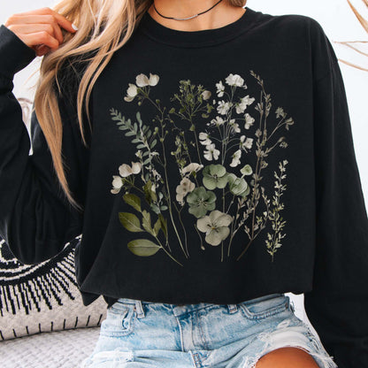 Long-sleeve Black / S Sage and White Wildflower Long Sleeve T-Shirt The Mystic Eden