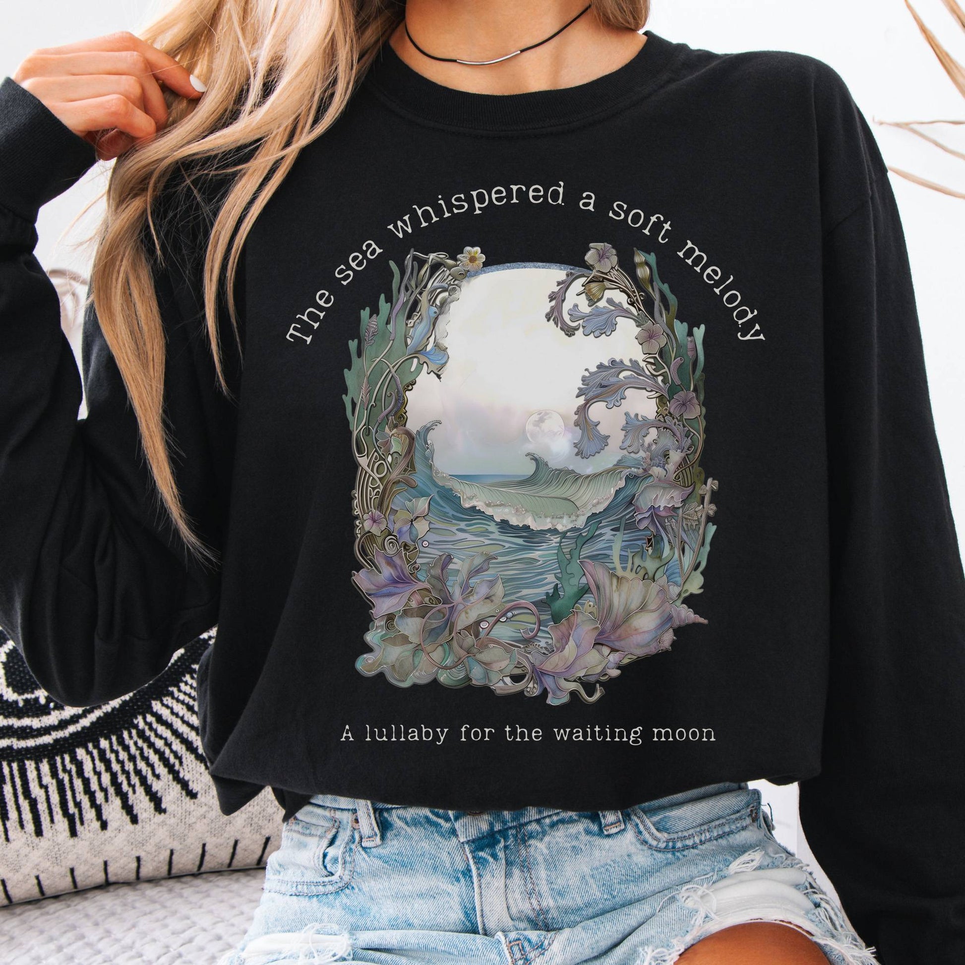 Long-sleeve Black / S Sea Lullaby for the Waiting Moon Poetry Long Sleeve Tee The Mystic Eden