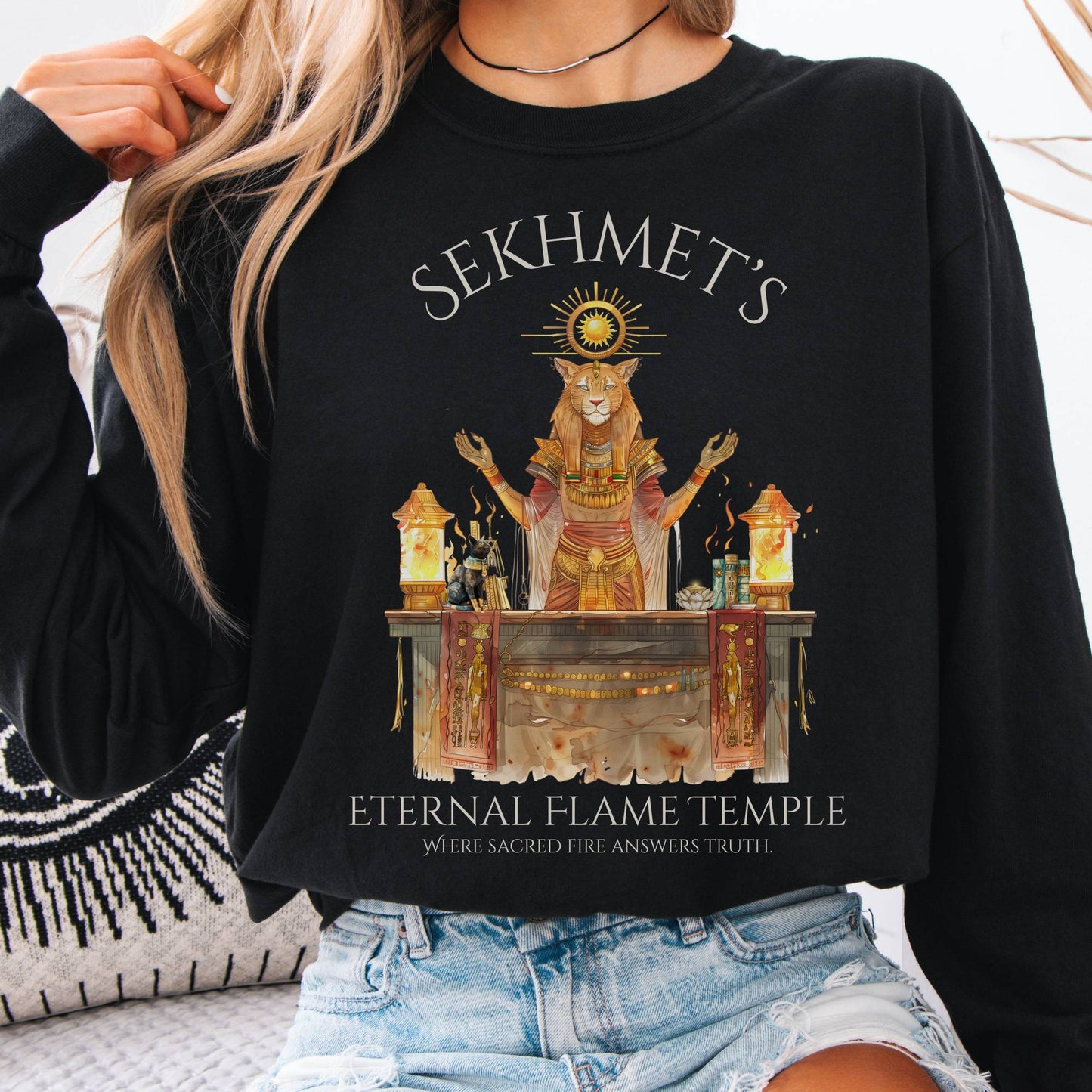 Long-sleeve Black / S Sekhmet's Eternal Flame Temple Egyptian Mythology Long Sleeve Tee The Mystic Eden