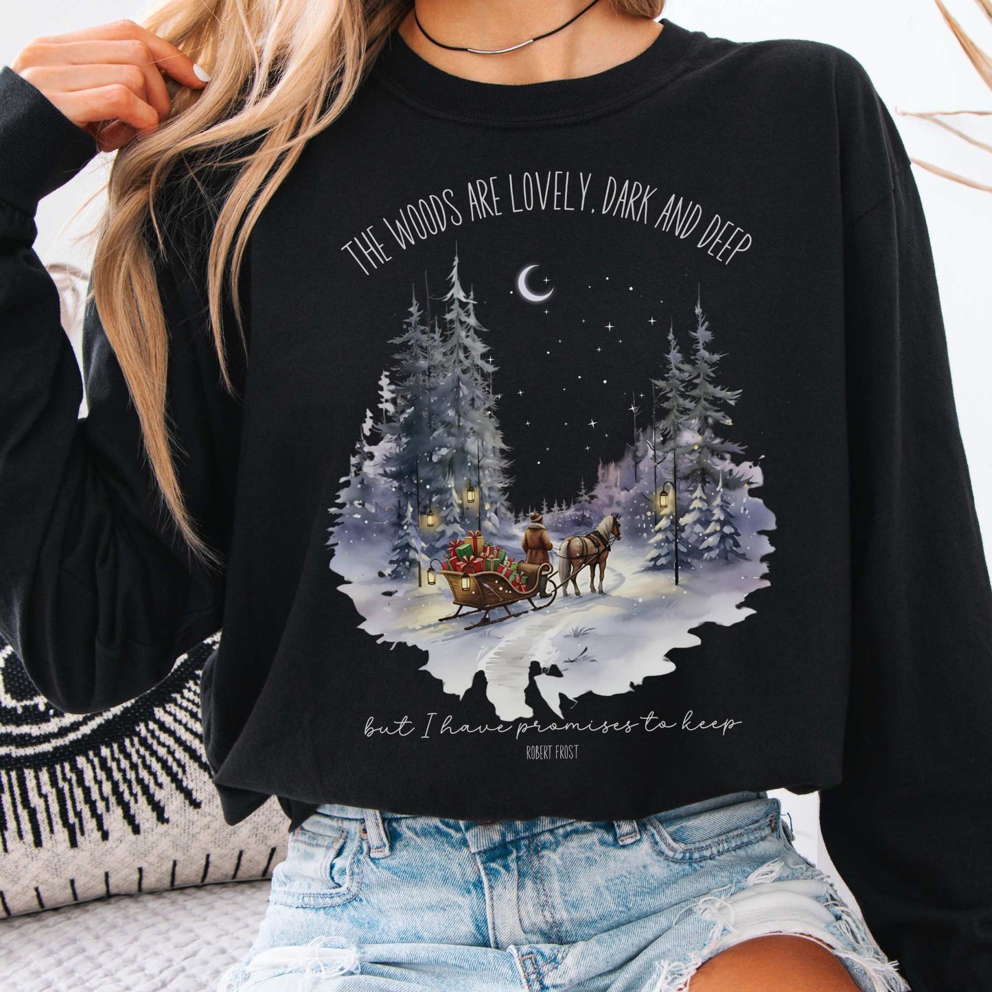 Long-sleeve Black / S The Woods Are Lovely Robert Frost Christmas Edition Long Sleeve Shirt The Mystic Eden