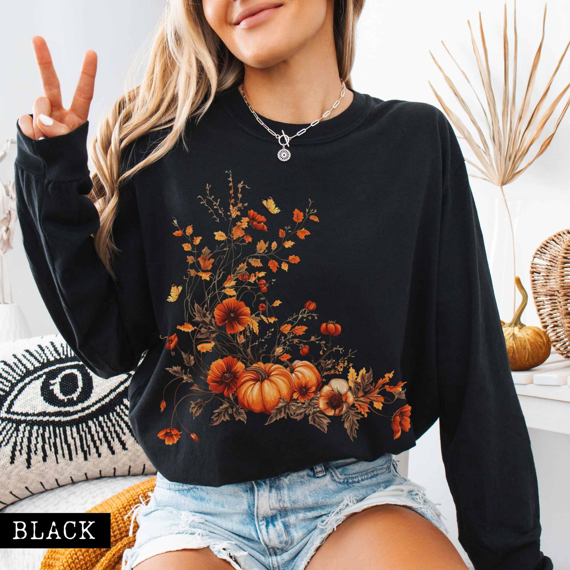 Long-sleeve Black / S Vintage fall floral pumpkin long sleeve tee The Mystic Eden
