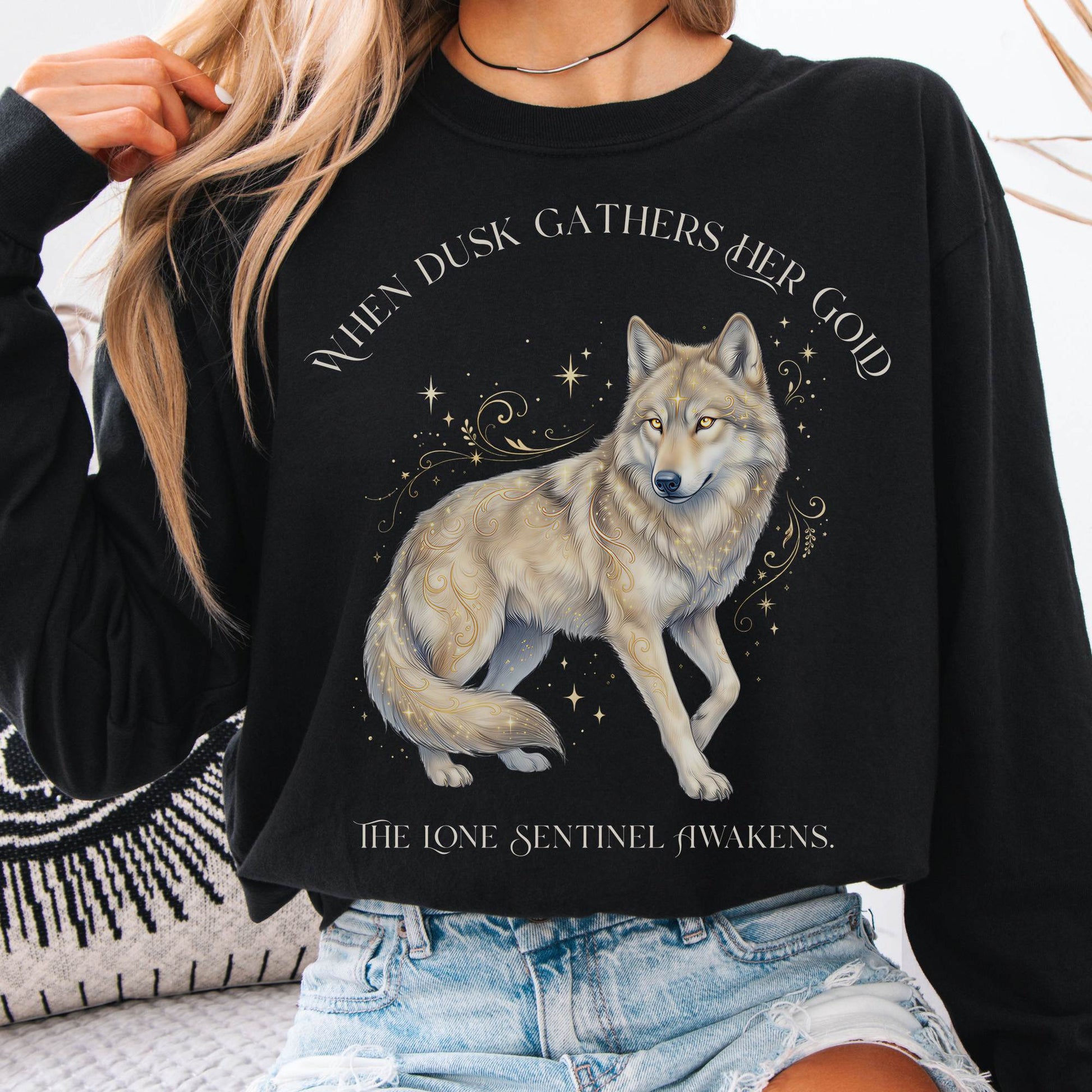 Long-sleeve Black / S When Dusk Gathers Her Gold Mystical Wolf Long Sleeve The Mystic Eden
