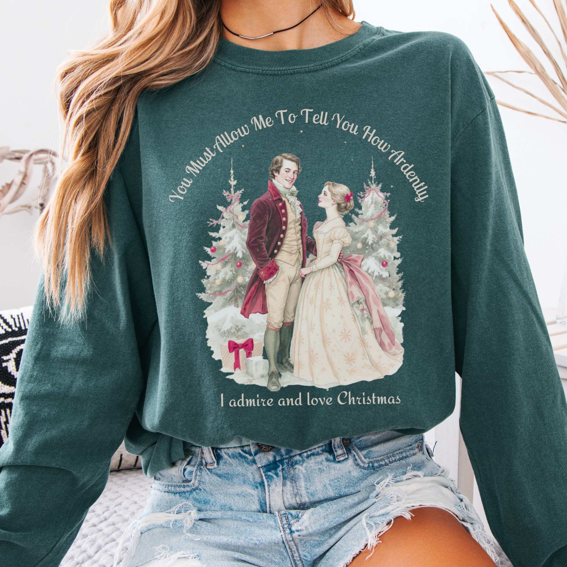 Long-sleeve Blue Spruce / S Admire & Love Christmas - Pride & Prejudice Christmas Long Sleeve Shirt The Mystic Eden