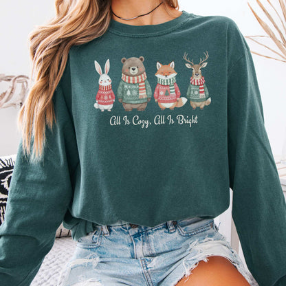 Long-sleeve Blue Spruce / S All Is Cozy, All is Bright Woodland Christmas Long Sleeve Shirt The Mystic Eden