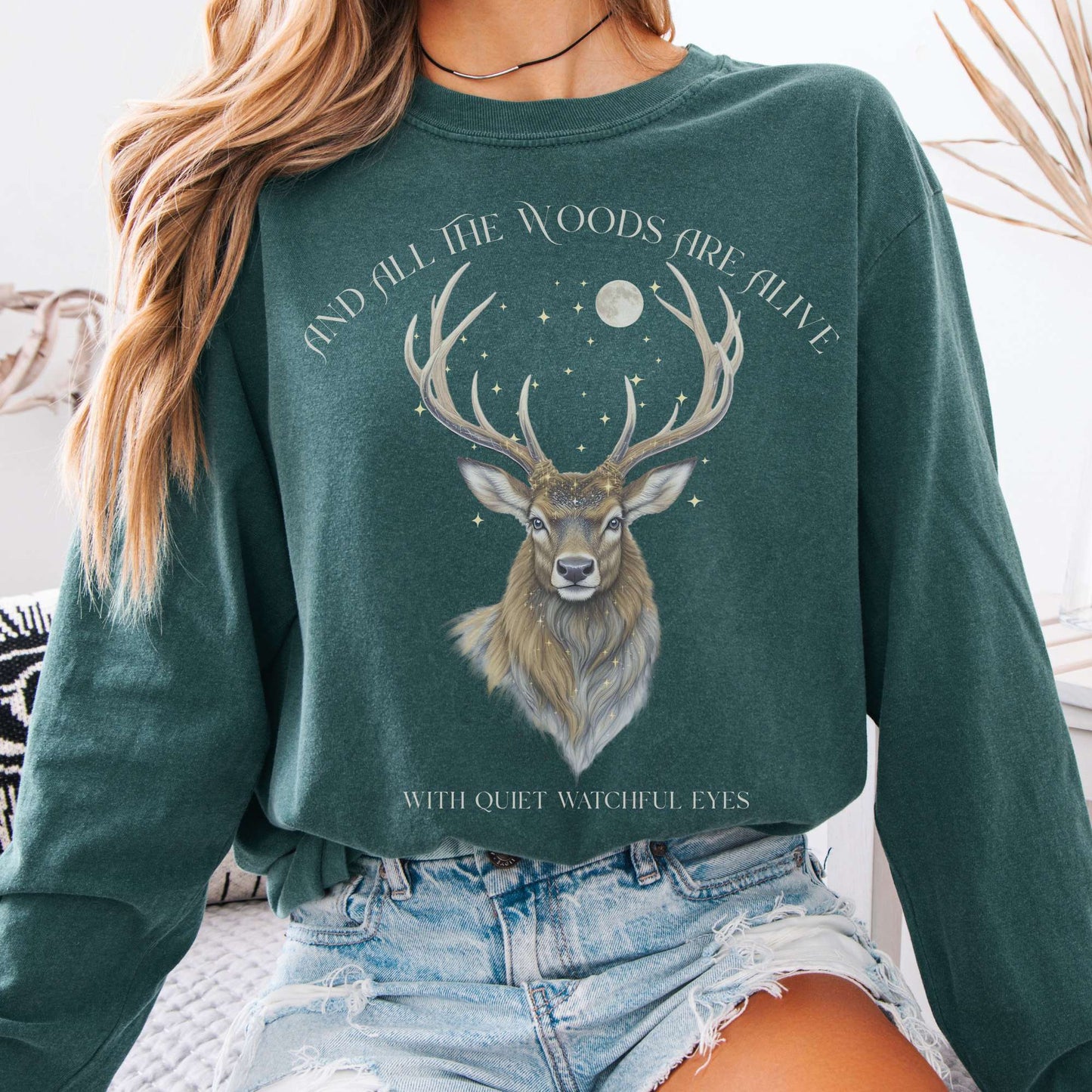 Long-sleeve Blue Spruce / S All the Woods Are Alive With Watchful Eyes Walter de la Mare Tee The Mystic Eden