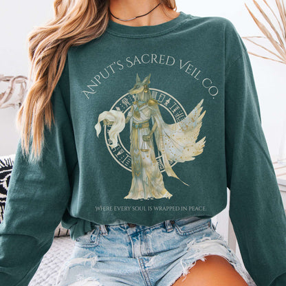 Long-sleeve Blue Spruce / S Anputs Sacred Veil Co Egyptian Mythology Long Sleeve Tee The Mystic Eden