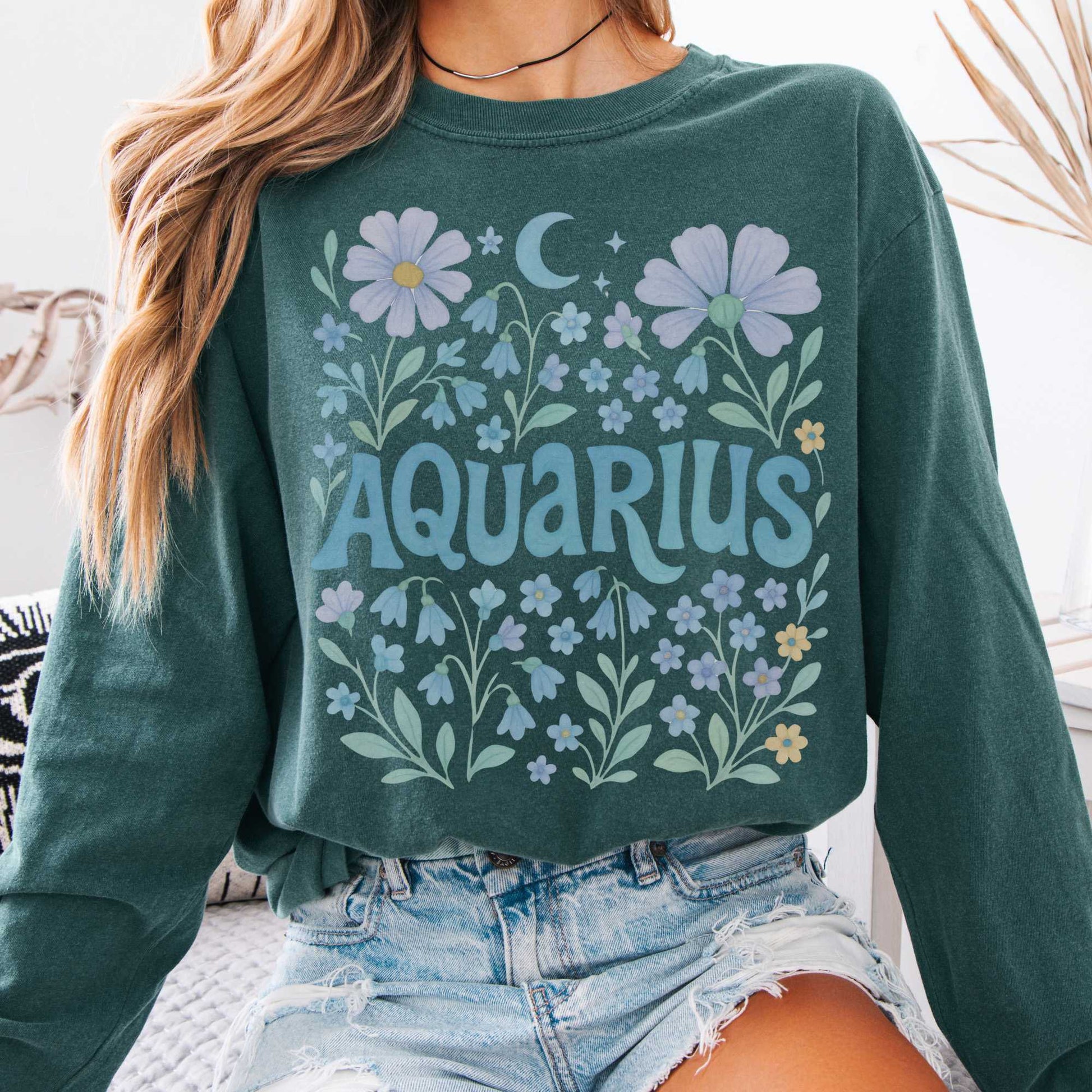Long-sleeve Blue Spruce / S Aquarius Long Sleeve Shirt – Zodiac Retro Floral Tee The Mystic Eden