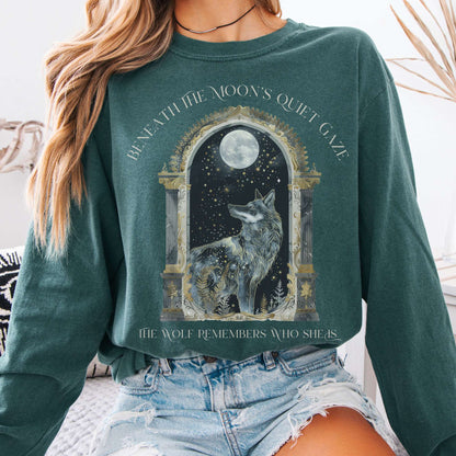 Long-sleeve Blue Spruce / S Beneath The Moon The Wolf Remembers Who She Is Long Sleeve Tee The Mystic Eden
