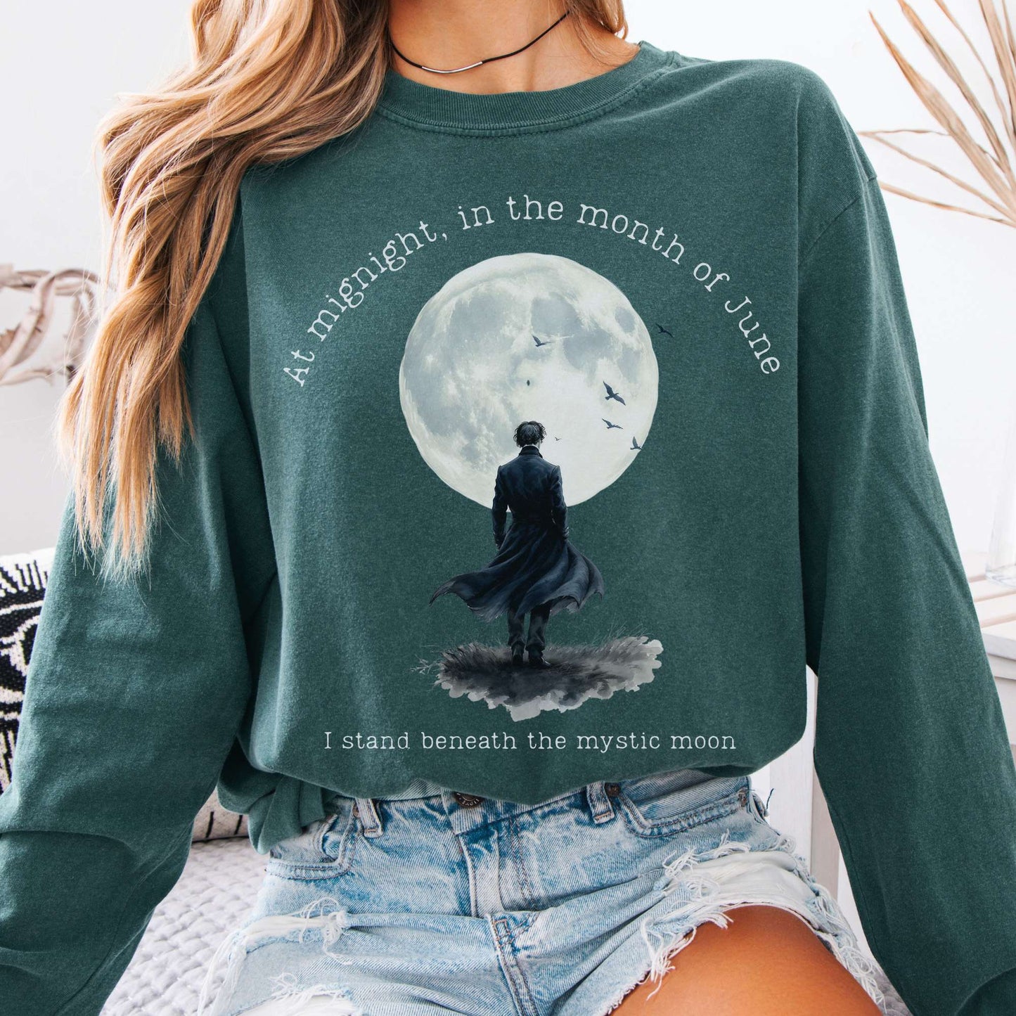 Long-sleeve Blue Spruce / S Beneath the Mystic Moon Edgar Allan Poe Long Sleeve Tee The Mystic Eden