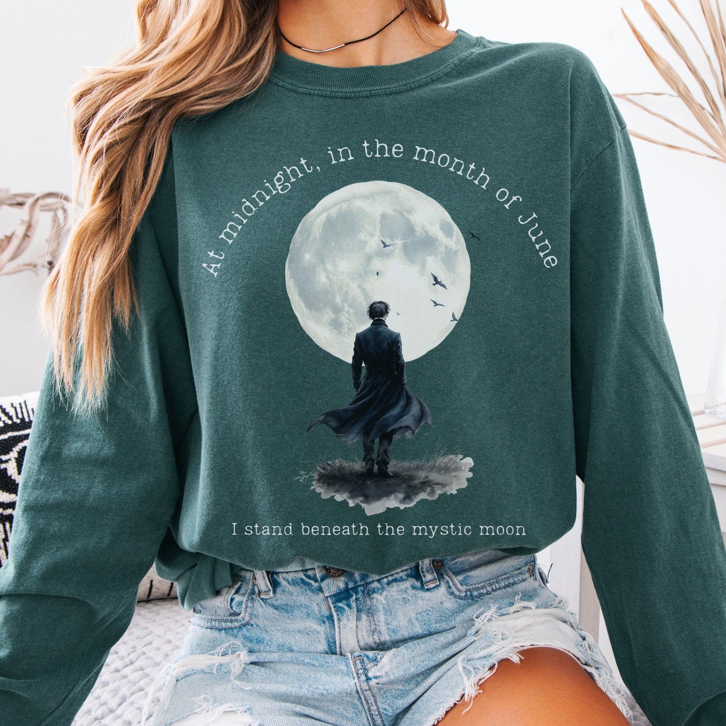 Long-sleeve Blue Spruce / S Beneath the Mystic Moon Edgar Allan Poe Long Sleeve Tee The Mystic Eden