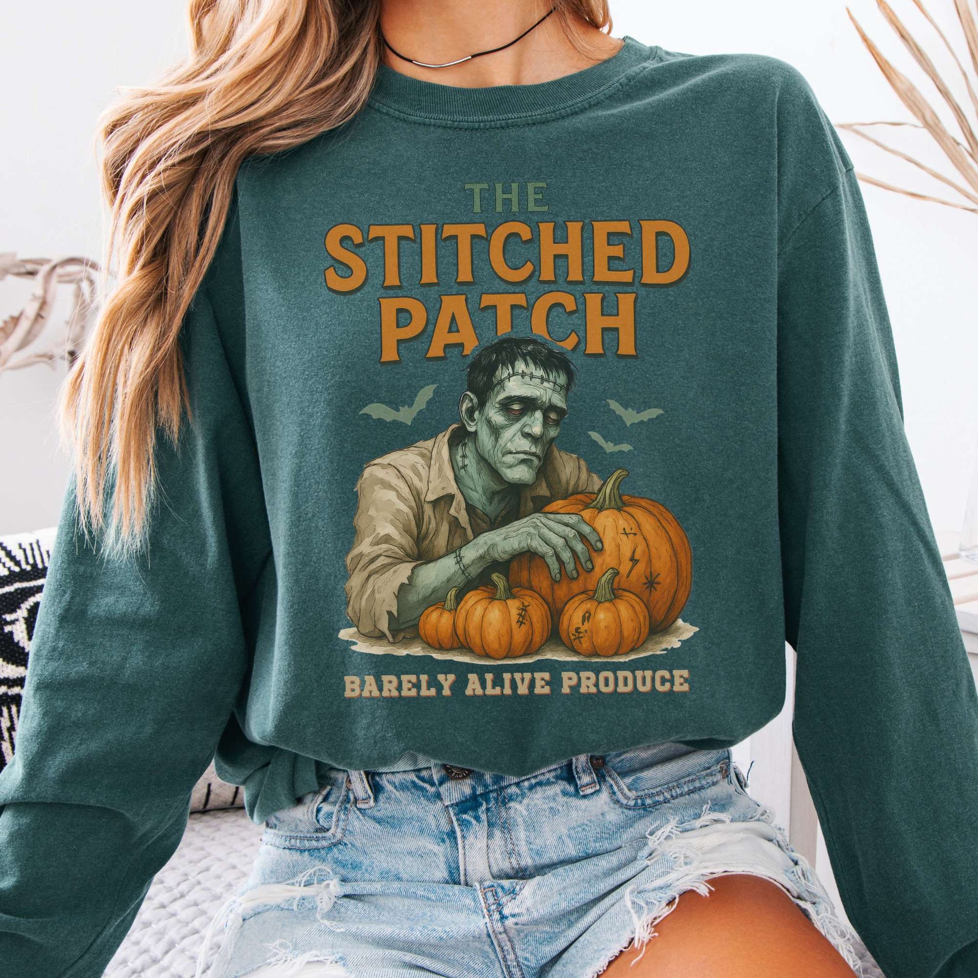 Long-sleeve Blue Spruce / S Frankenstein's The Stitched Patch: Barely Alive Produce Long Sleeve Shirt The Mystic Eden
