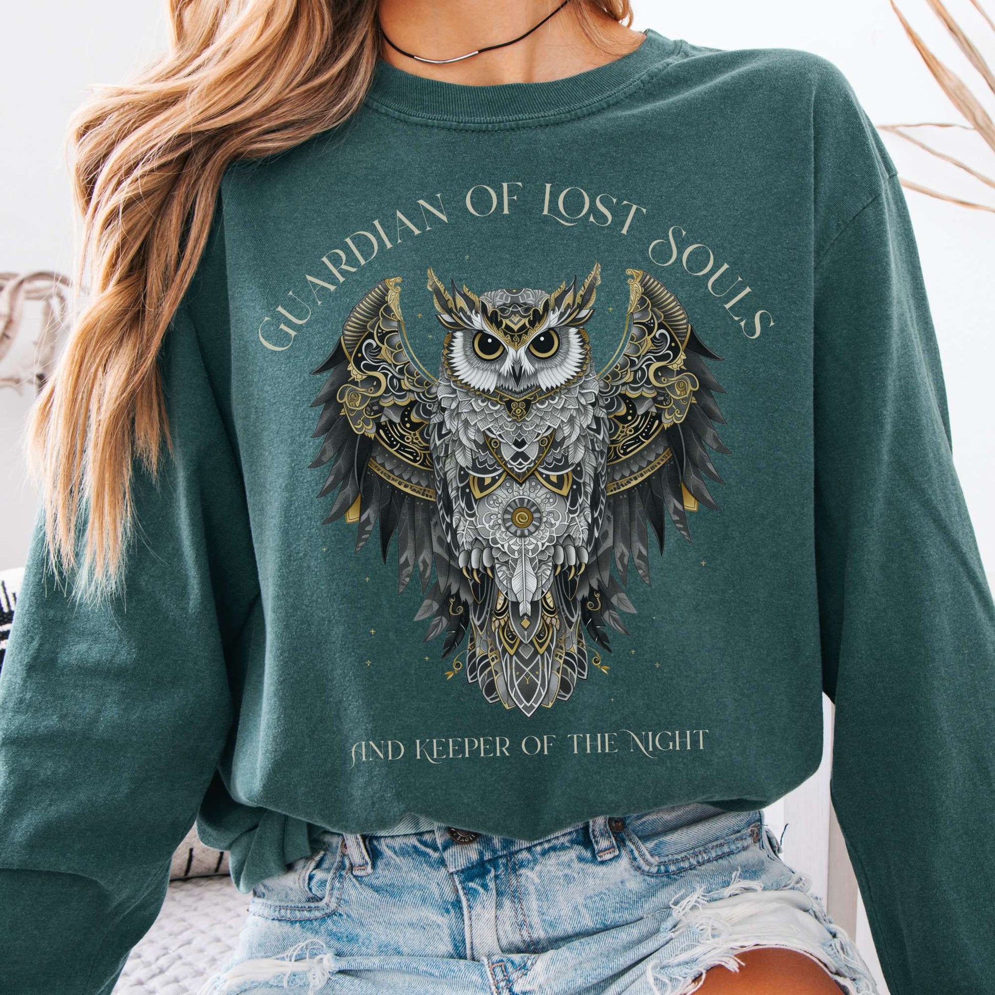 Long-sleeve Blue Spruce / S Guardian of Lost Souls Mythic Owl Long Sleeve Tee The Mystic Eden
