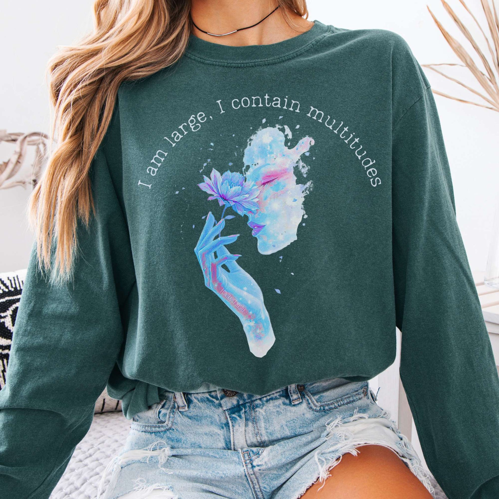 Long-sleeve Blue Spruce / S I Contain Multitudes Walt Whitman Long Sleeve Tee The Mystic Eden