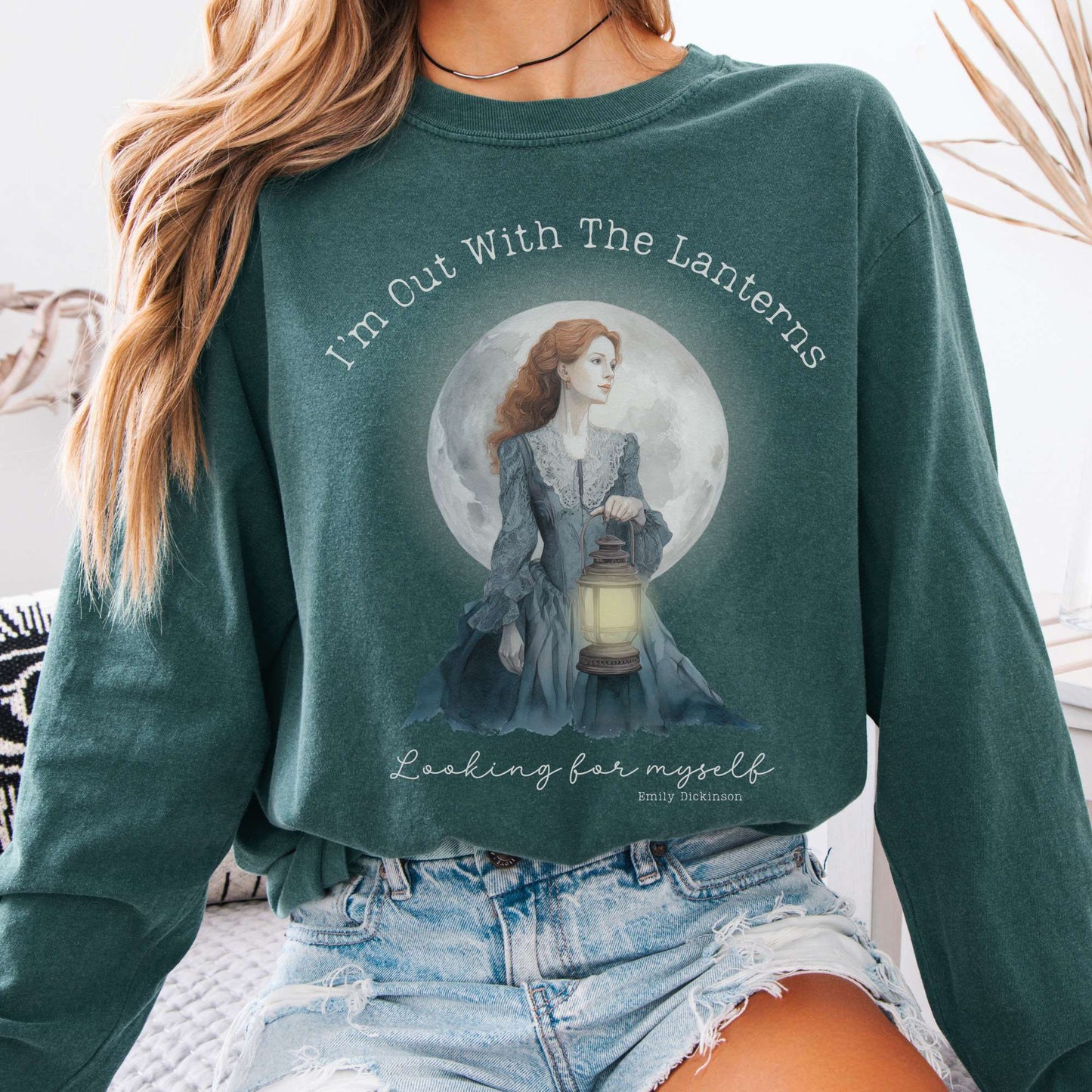 Long-sleeve Blue Spruce / S I'm Out With The Lanterns Looking For Myself Emily Dickinson Long Sleeve The Mystic Eden