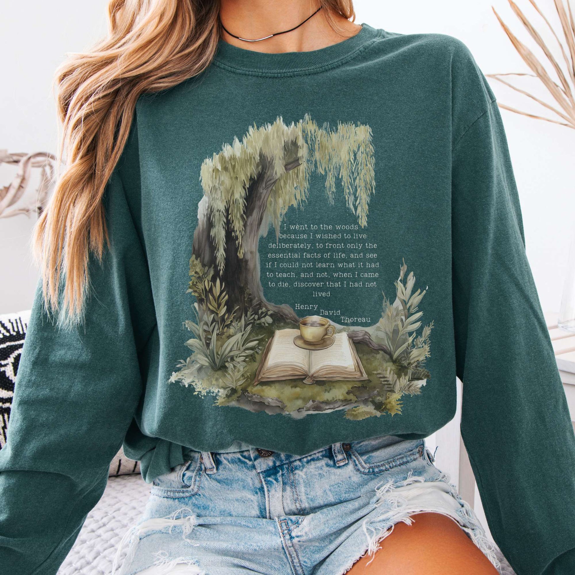 Long-sleeve Blue Spruce / S I Went to the Woods Henry David Thoreau Long Sleeve Tee The Mystic Eden