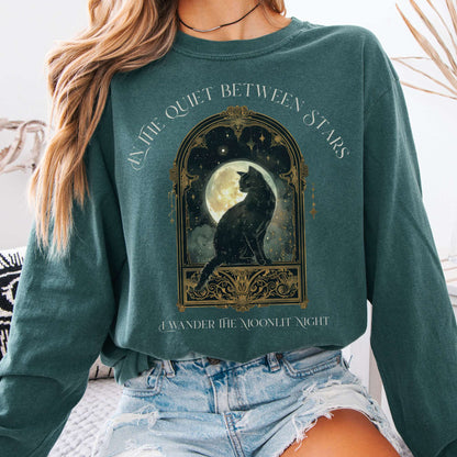 Long-sleeve Blue Spruce / S In the Quiet Between Stars Moonlit Cat Long Sleeve Tee The Mystic Eden