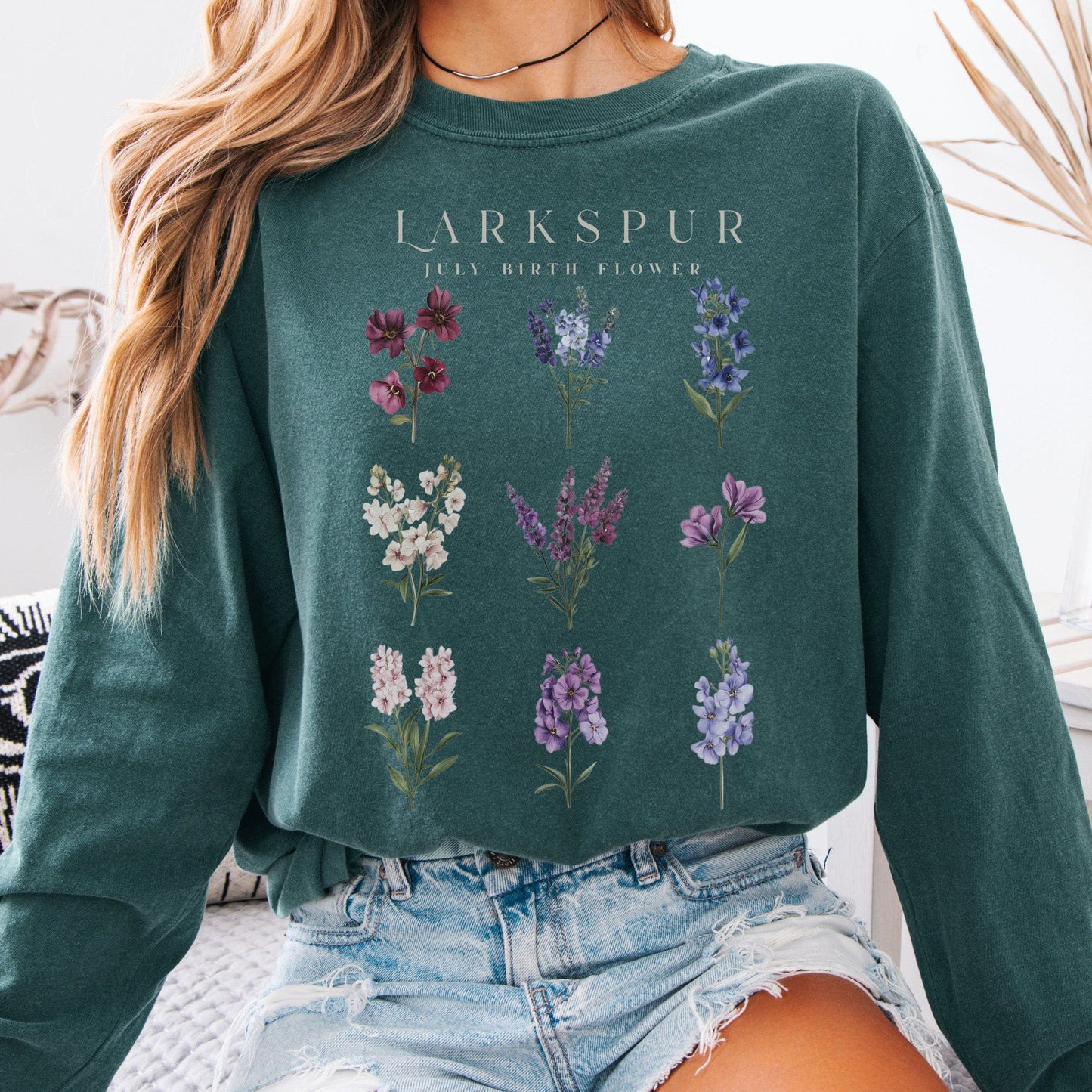 Long-sleeve Blue Spruce / S Larkspur July Birth Month Flower Long Sleeve Shirt The Mystic Eden