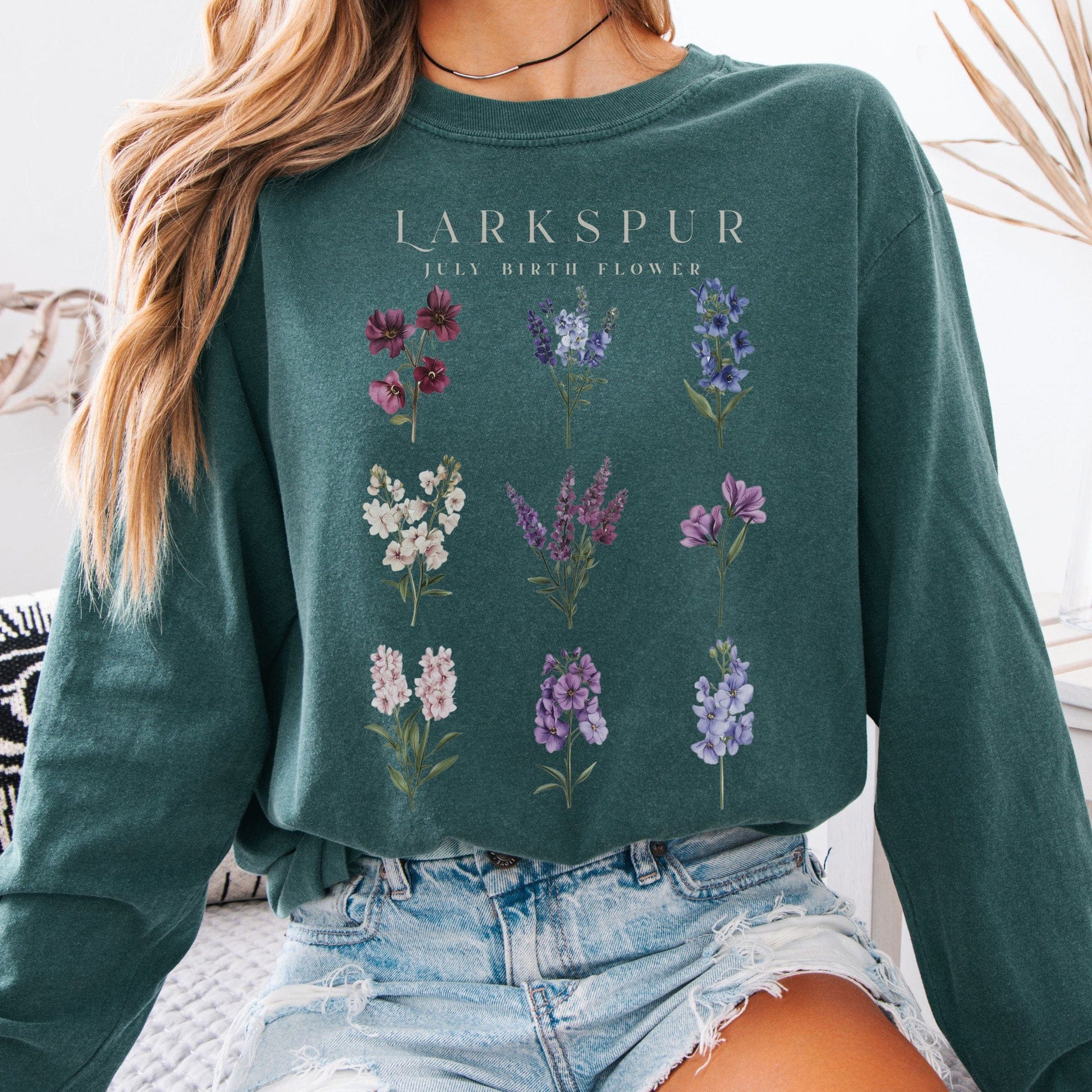 Long-sleeve Blue Spruce / S Larkspur July Birth Month Flower Long Sleeve Shirt The Mystic Eden
