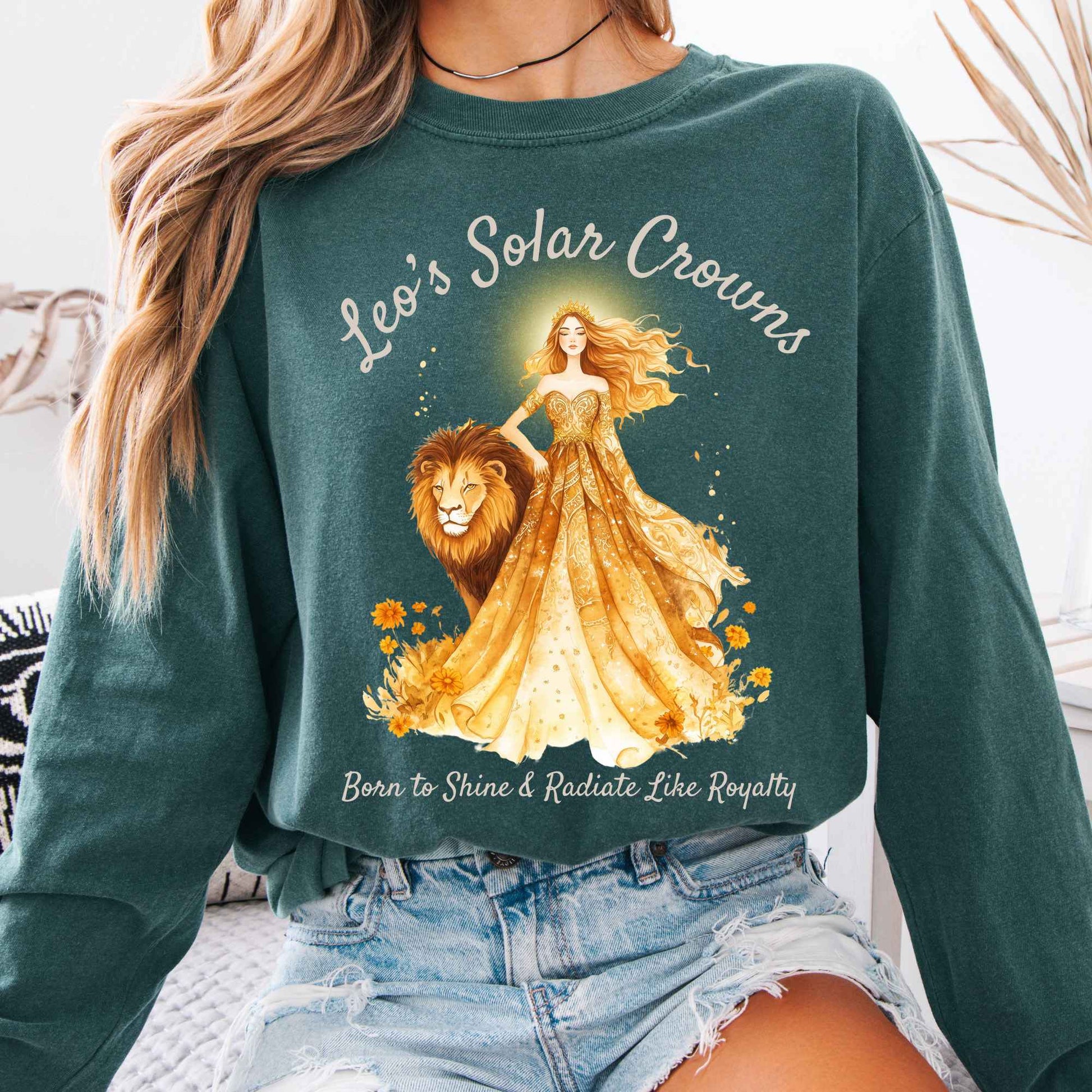 Long-sleeve Blue Spruce / S Leo's Solar Crowns Zodiac Long Sleeve Tee The Mystic Eden