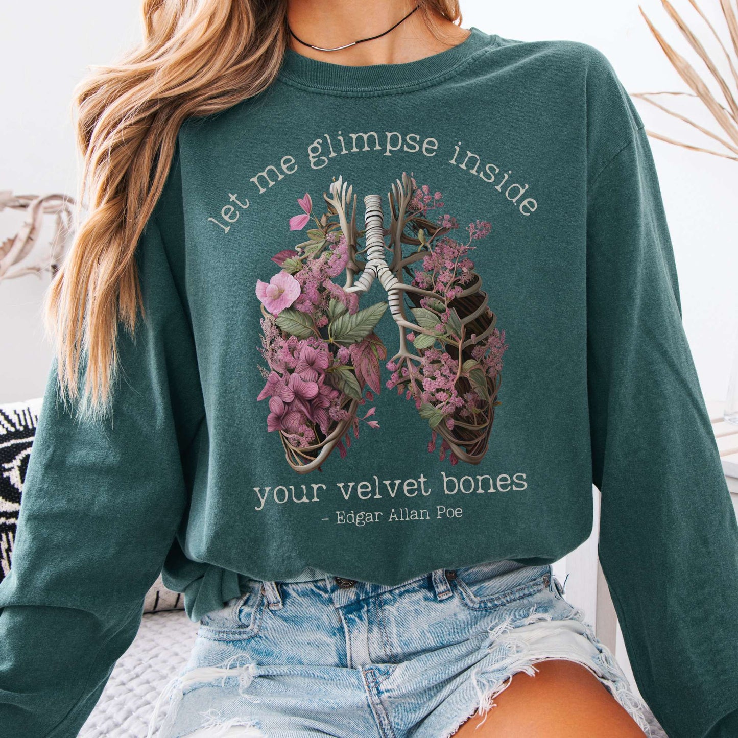 Long-sleeve Blue Spruce / S Let Me Glimpse Inside Your Velvet Bones Poe Long Sleeved Shirt The Mystic Eden