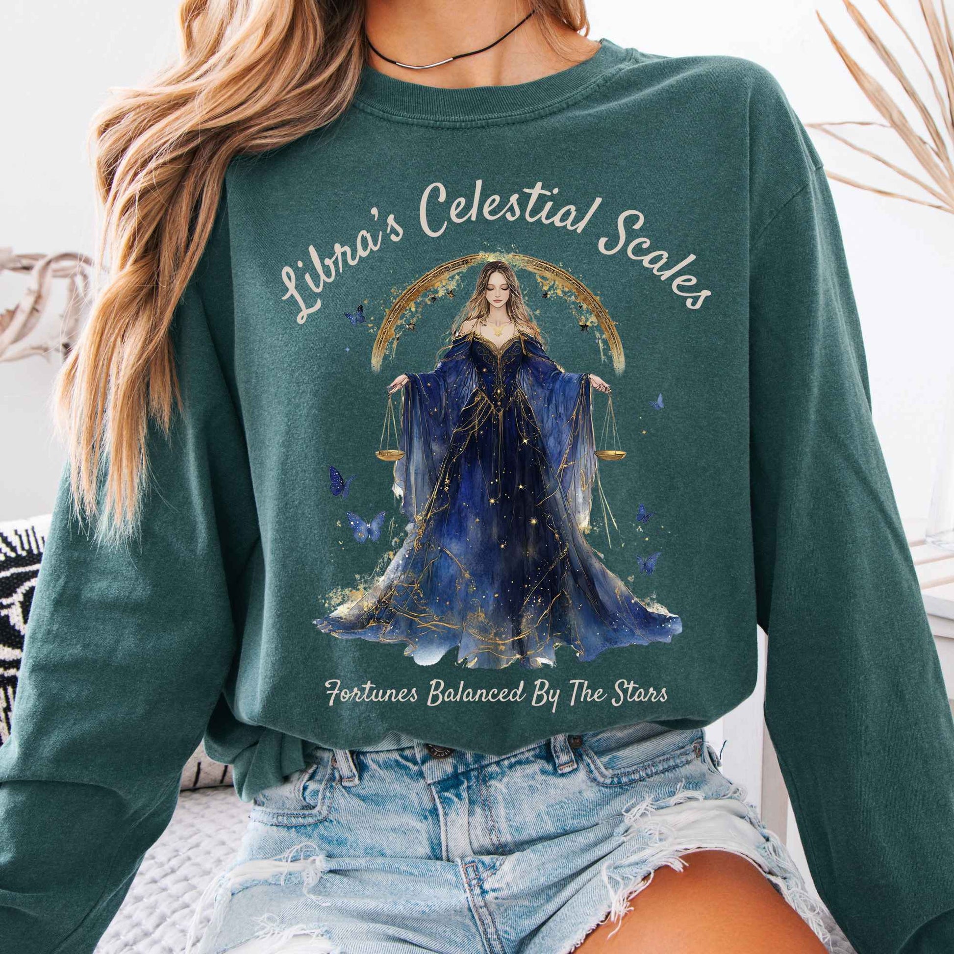 Long-sleeve Blue Spruce / S Libra's Celestial Scales Zodiac Long Sleeve Shirt The Mystic Eden