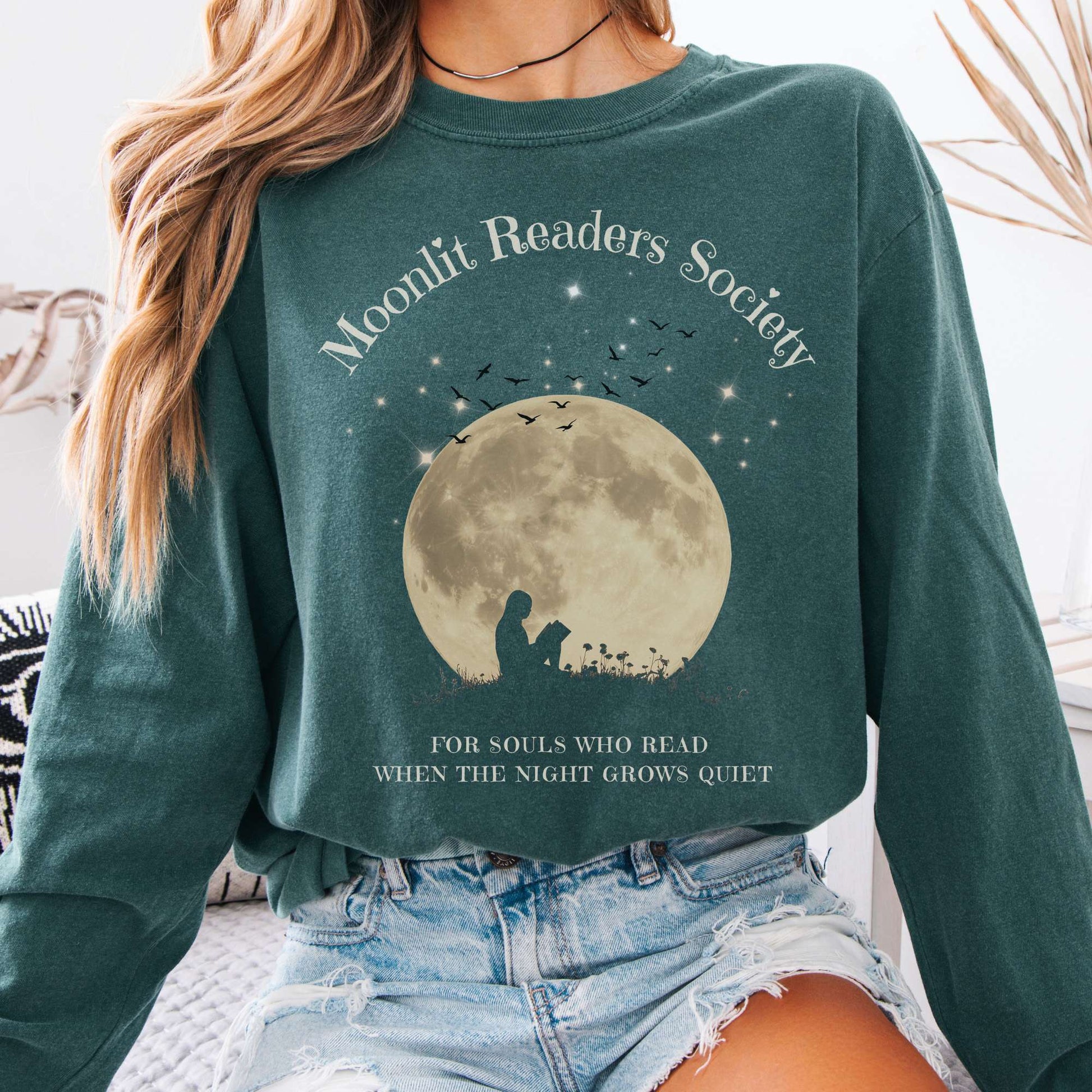 Long-sleeve Blue Spruce / S Moonlit Readers Society Long Sleeve Tee The Mystic Eden
