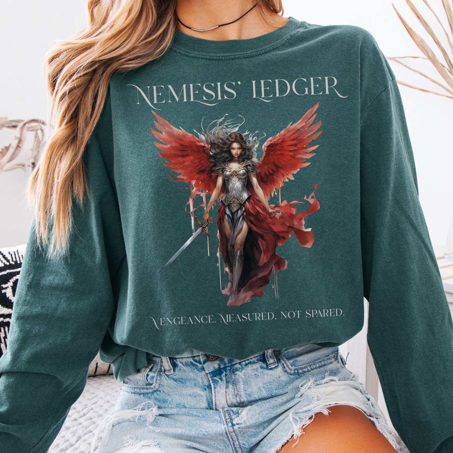 Long-sleeve Blue Spruce / S Nemesis' Ledger Goddess of Retribution  Long Sleeve T-Shirt The Mystic Eden