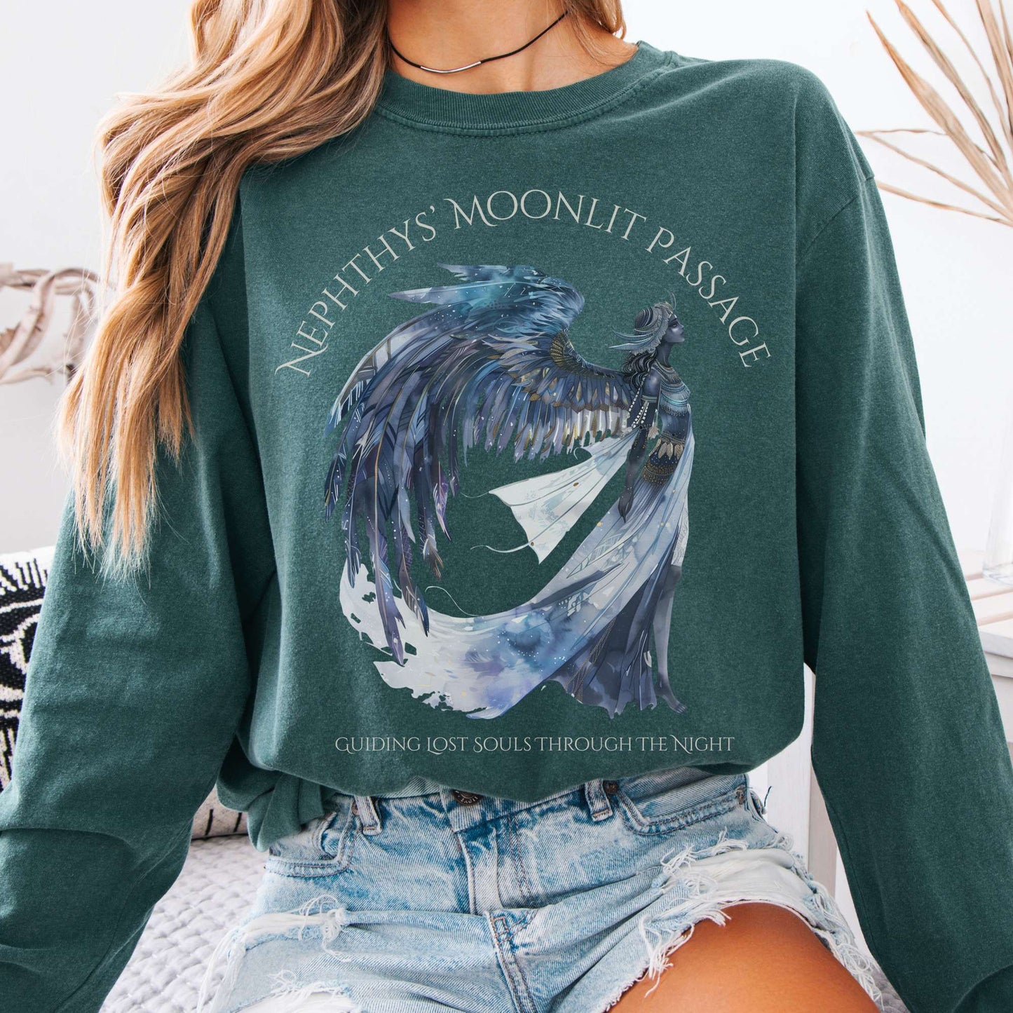 Long-sleeve Blue Spruce / S Nephthys' Moonlit Passage Egyptian Mythology Long Sleeve Tee The Mystic Eden