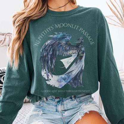 Long-sleeve Blue Spruce / S Nephthys' Moonlit Passage Egyptian Mythology Long Sleeve Tee The Mystic Eden