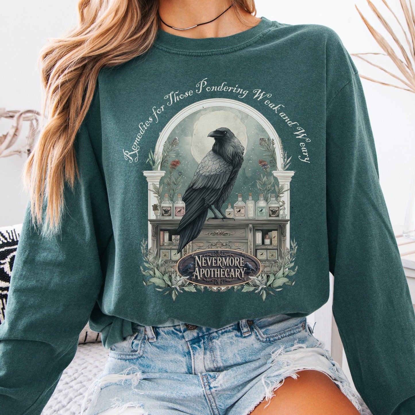 Long-sleeve Blue Spruce / S Nevermore Apothecary Edgar Allan Poe Long Sleeve Tee The Mystic Eden