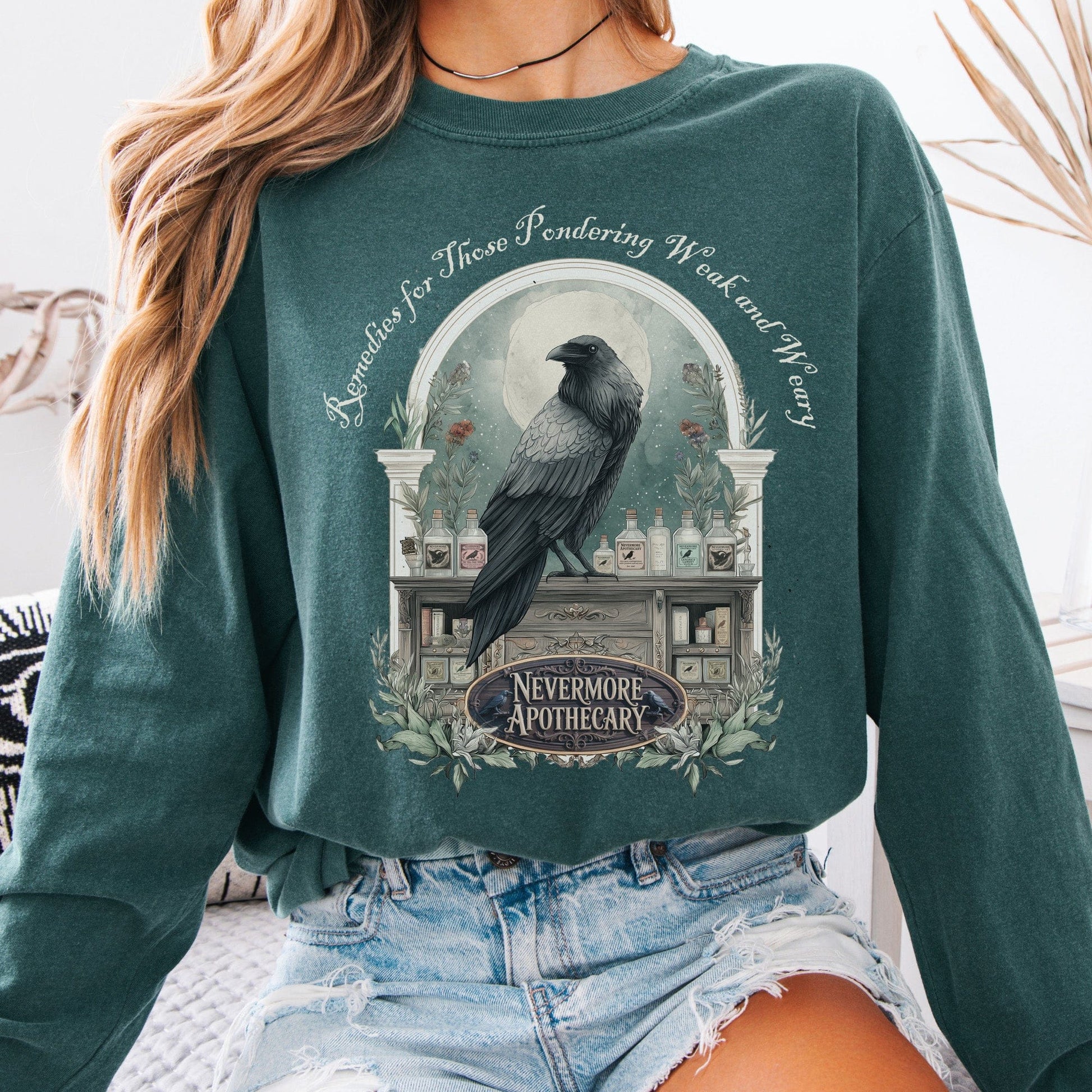 Long-sleeve Blue Spruce / S Nevermore Apothecary Edgar Allan Poe Long Sleeve Tee The Mystic Eden