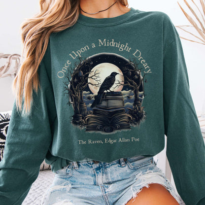 Long-sleeve Blue Spruce / S Once Upon a Midnight Dreary Edgar Allan Poe Long Sleeved Shirt The Mystic Eden