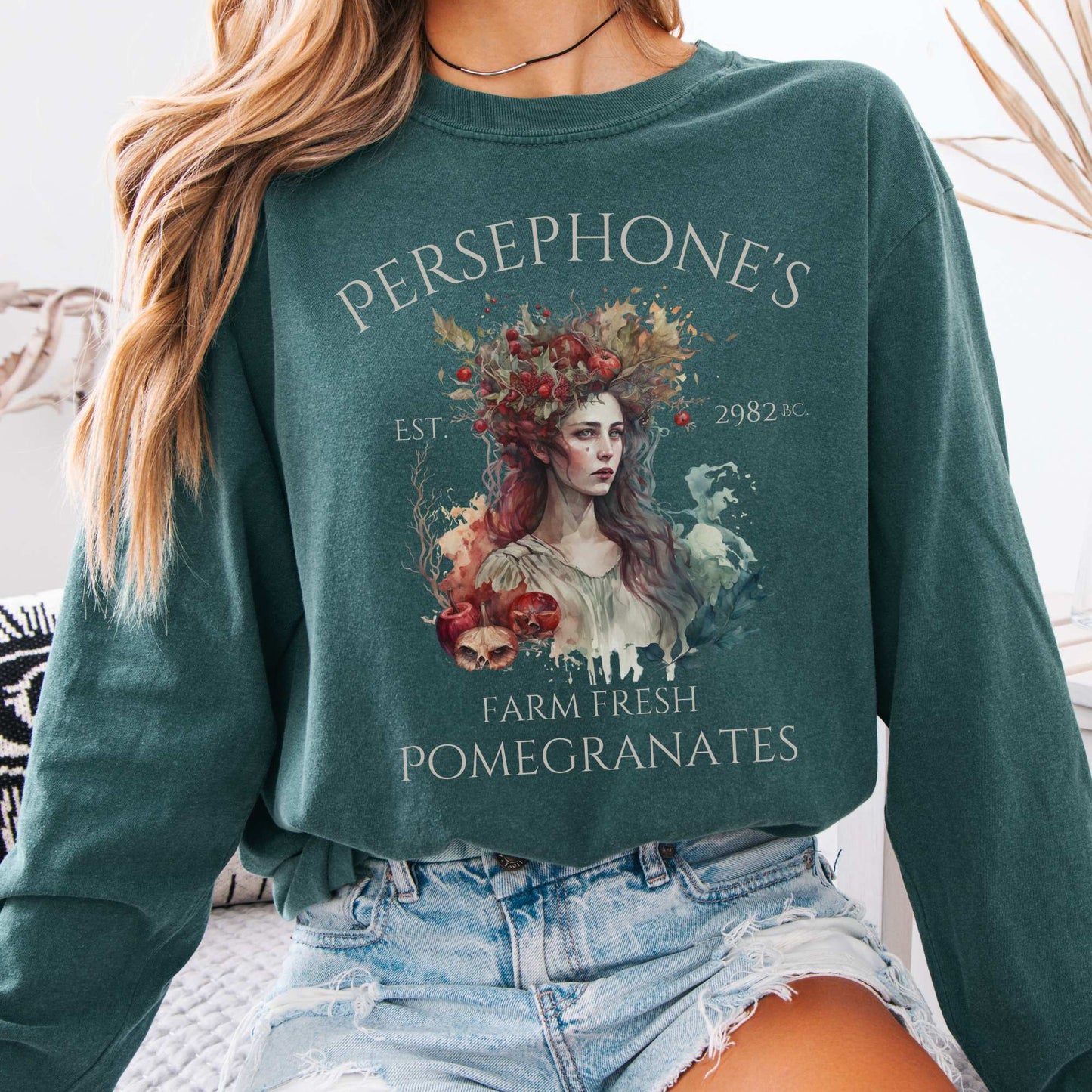 Long-sleeve Blue Spruce / S Persephone's Farm Fresh Pomegranates Long Sleeve T-Shirt The Mystic Eden