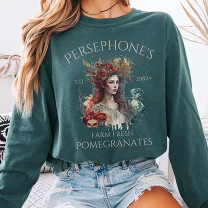 Long-sleeve Blue Spruce / S Persephone's Farm Fresh Pomegranates Long Sleeve T-Shirt The Mystic Eden