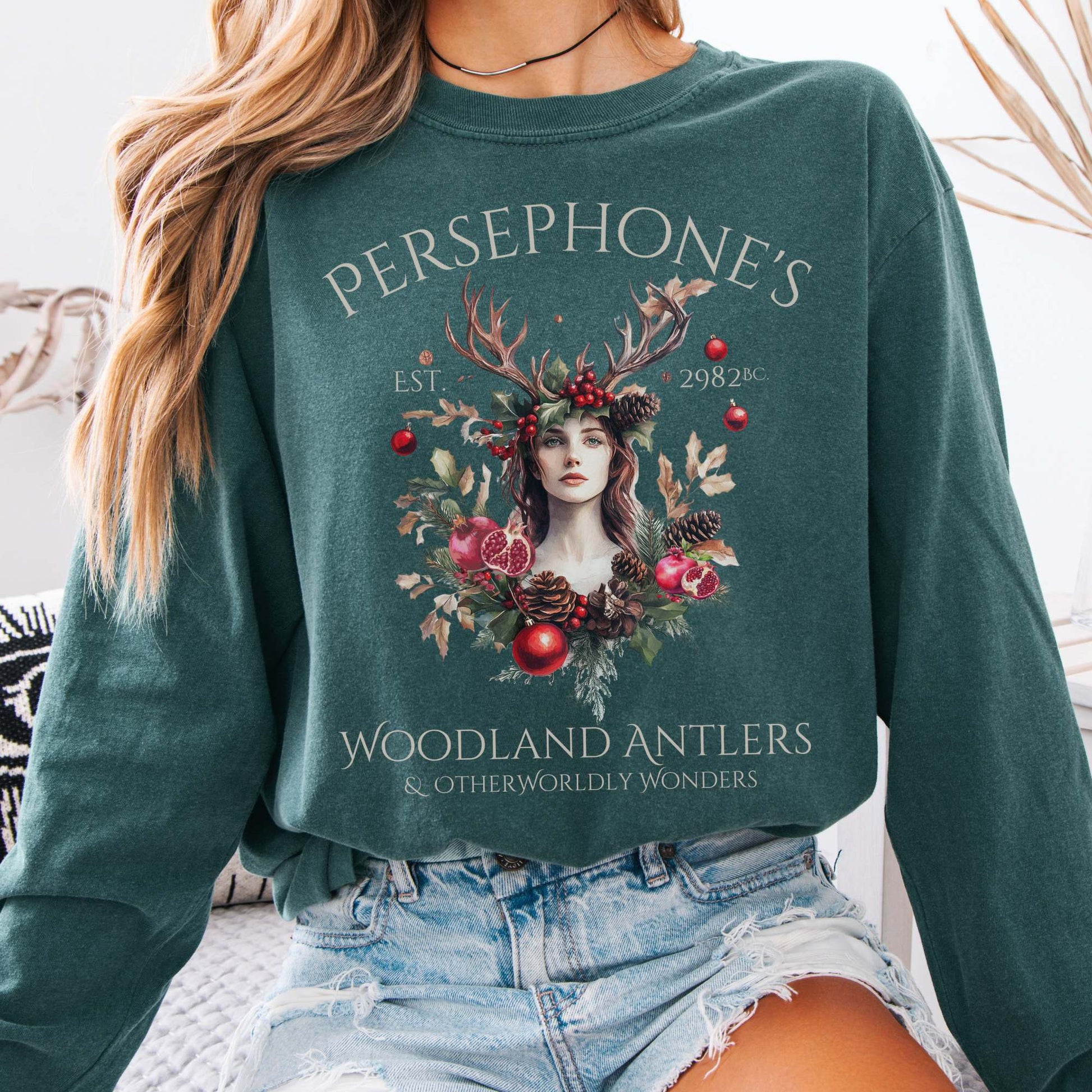 Long-sleeve Blue Spruce / S Persephone's Woodland Antlers Christmas Long Sleeve Tee The Mystic Eden