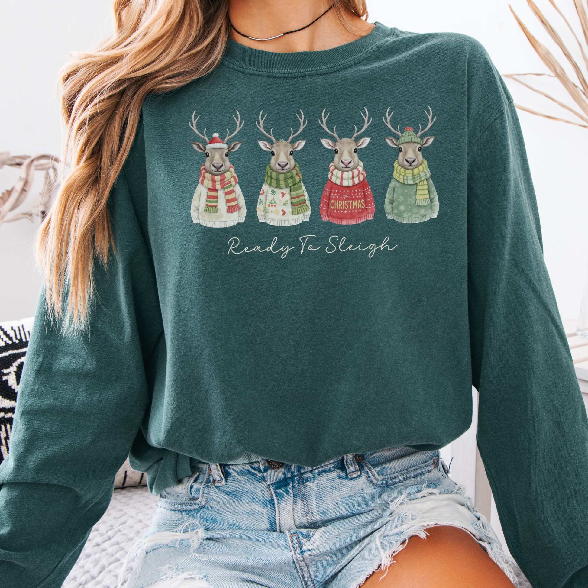 Long-sleeve Blue Spruce / S Ready to Sleigh — Festive Reindeer Christmas Long Sleeve Shirt The Mystic Eden