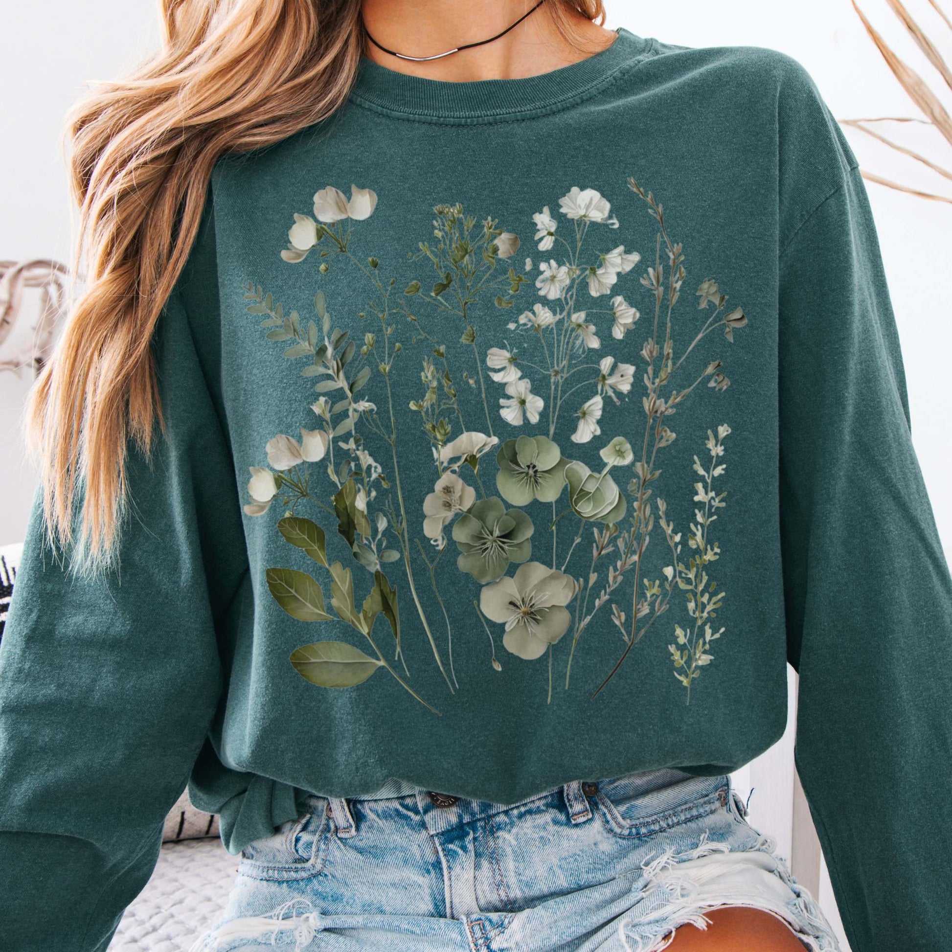 Long-sleeve Blue Spruce / S Sage and White Wildflower Long Sleeve T-Shirt The Mystic Eden