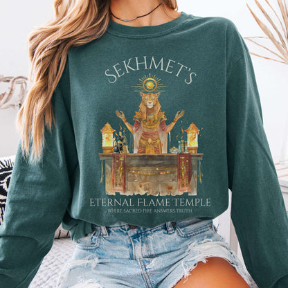 Long-sleeve Blue Spruce / S Sekhmet's Eternal Flame Temple Egyptian Mythology Long Sleeve Tee The Mystic Eden