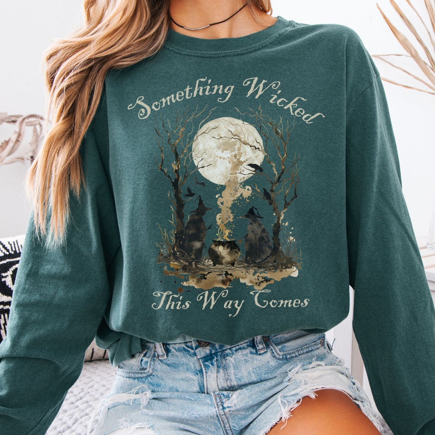 Long-sleeve Blue Spruce / S Something Wicked This Way Comes Shakespeare Macbeth Witches Long Sleeve Shirt The Mystic Eden