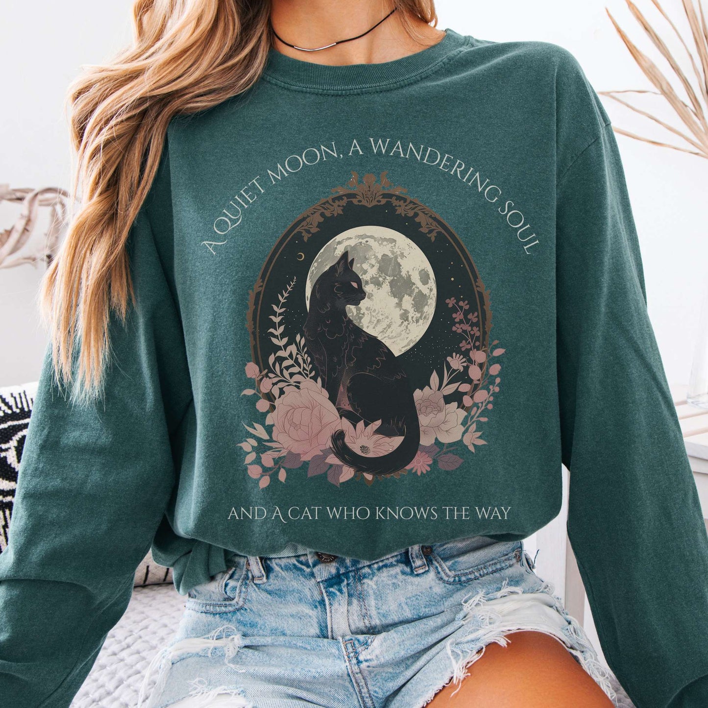 Long-sleeve Blue Spruce / S The Cat Who Knows the Way Long Sleeve Tee The Mystic Eden