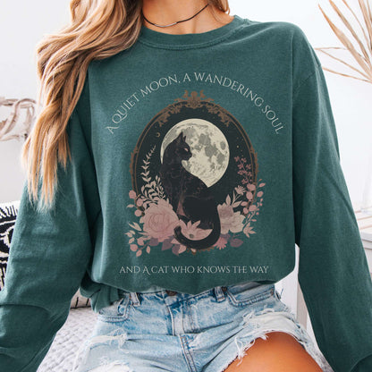 Long-sleeve Blue Spruce / S The Cat Who Knows the Way Long Sleeve Tee The Mystic Eden
