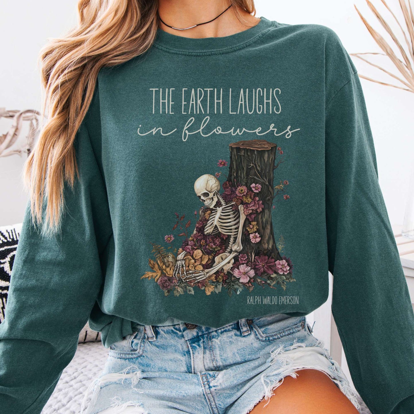 Long-sleeve Blue Spruce / S The Earth Laughs in Flowers Ralph Waldo Emerson Long Sleeve Tee The Mystic Eden