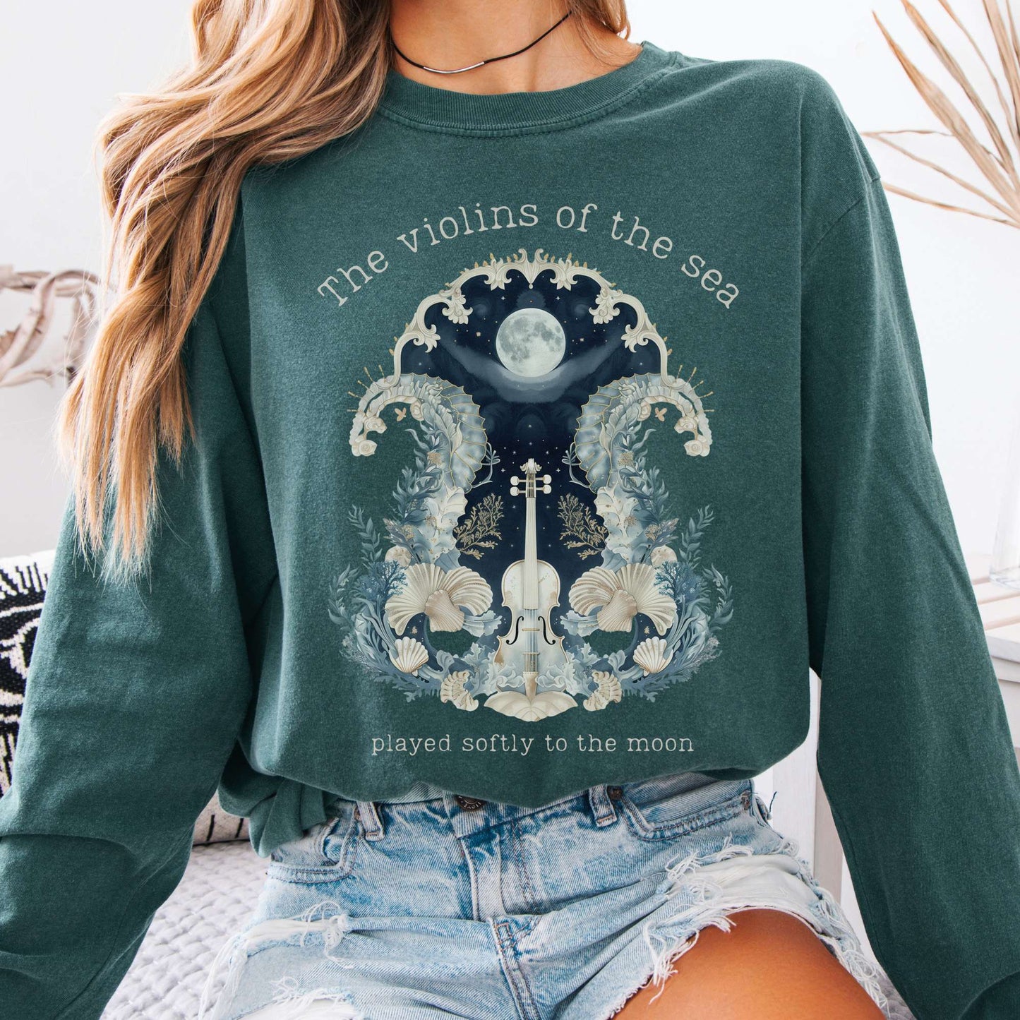 Long-sleeve Blue Spruce / S The Violins of the Sea Played Softly to the Moon Poetry Long Sleeve Tee The Mystic Eden