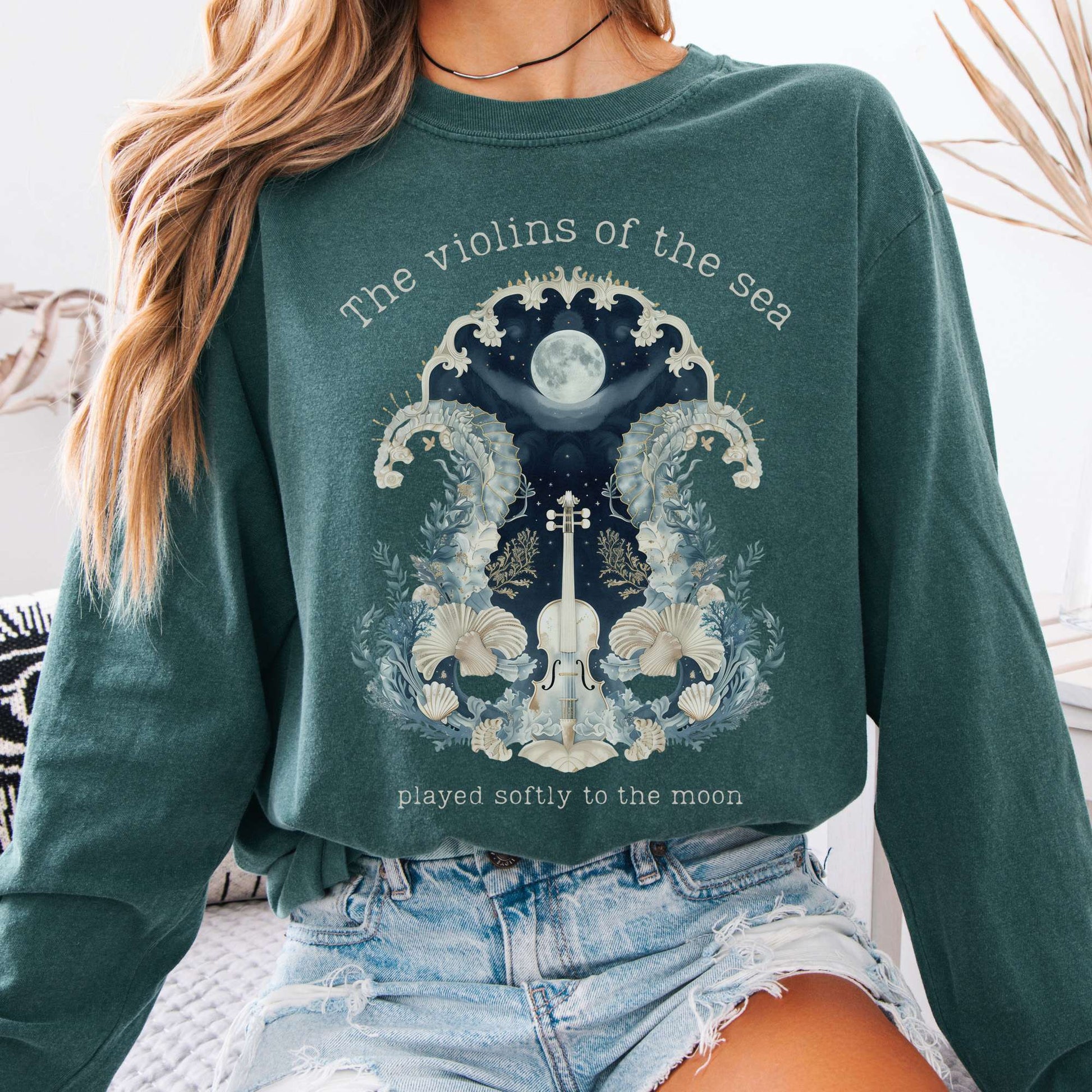 Long-sleeve Blue Spruce / S The Violins of the Sea Played Softly to the Moon Poetry Long Sleeve Tee The Mystic Eden